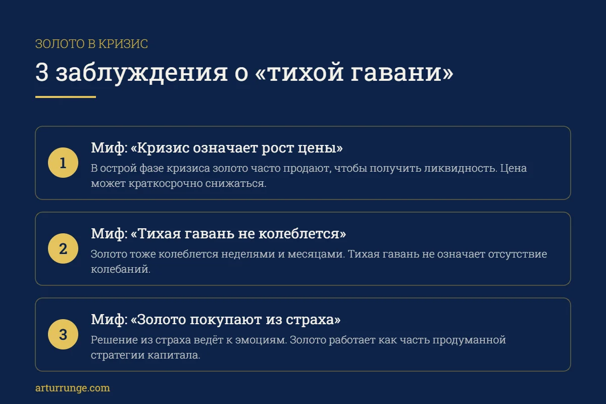 Золото в кризис: три распространённых заблуждения о «тихой гавани»